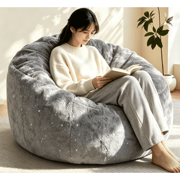 Venuezy Round Bean Bag Chair for Adults, Supportive Memory Foam Filling, Soft Fluffy Faux Fur Lounge Chair with Washable Cover, No Assembly Needed, Floor Sofa for Dorm Living Room Bedroom