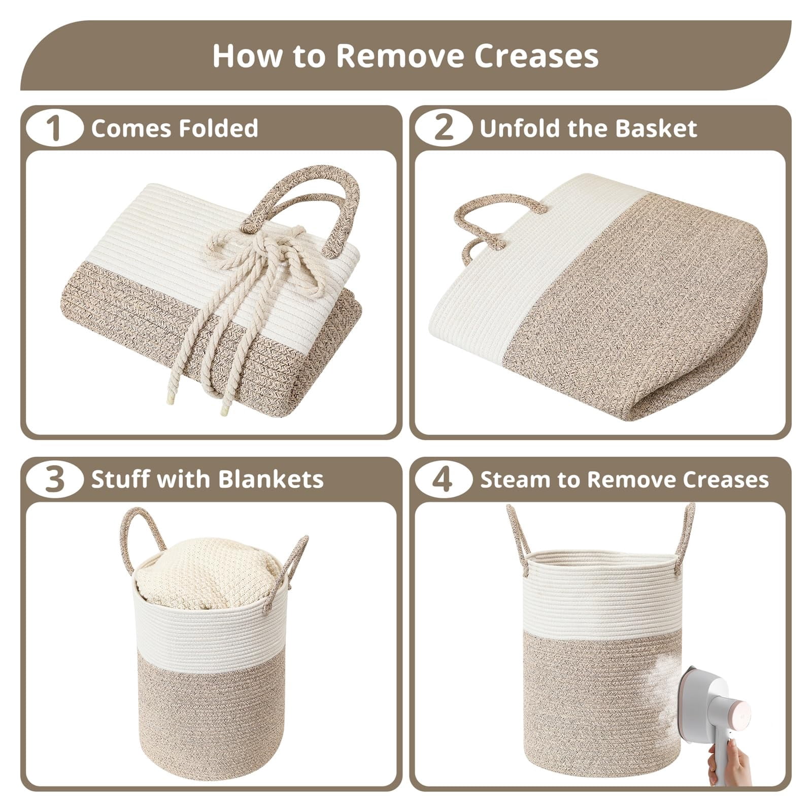 60L Large Woven Laundry Basket Hamper, 100% Natural Cotton Rope, Handwoven & Durable, Storage for Blankets, Toys, Clothes, Nursery Hamper for Living Room, Baby Room, Bedroom (Brown and White)