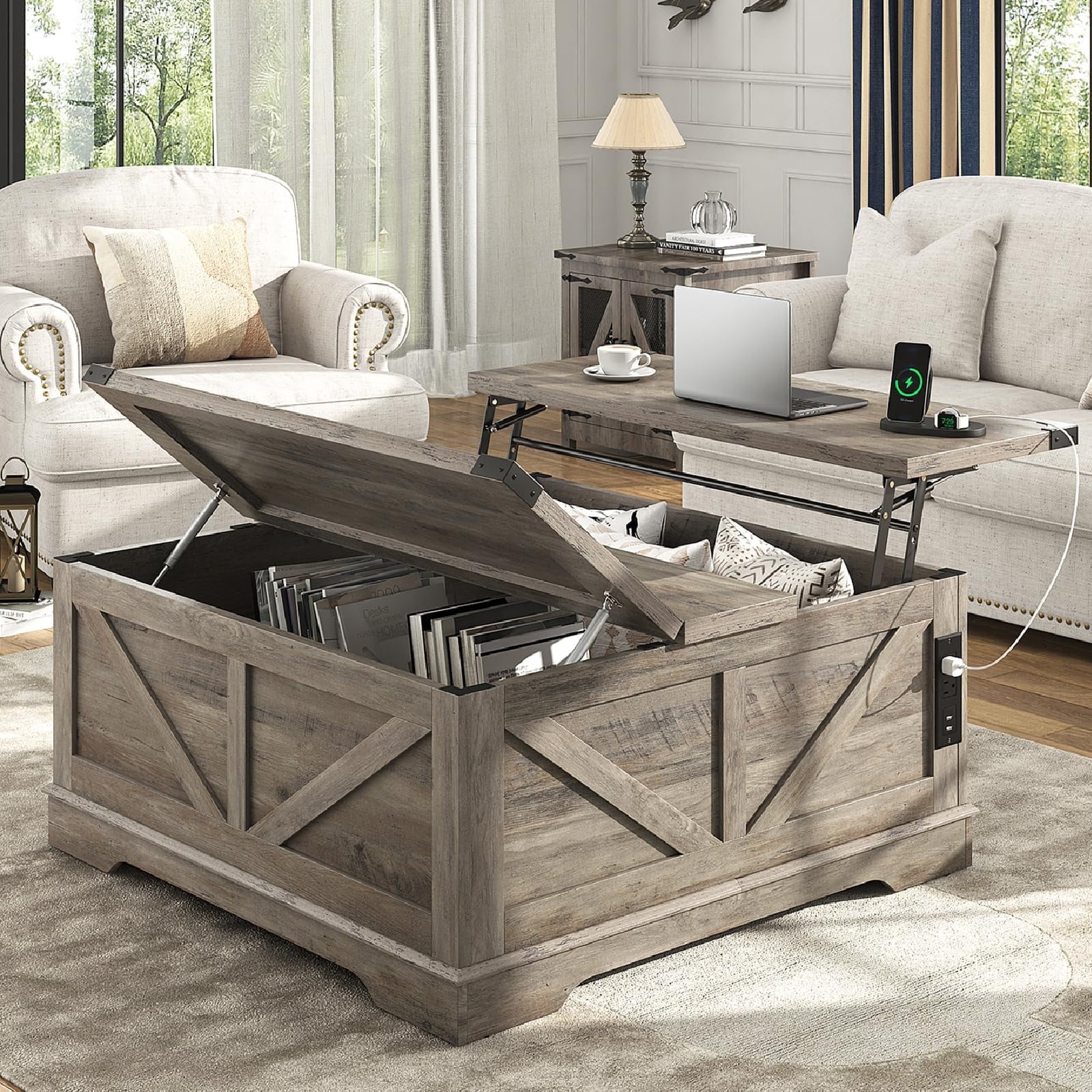 ANPOO 40" Large Farmhouse Lift Top Coffee Table with Power Outlets and Large Hidden Storage, Square Wood Living Room Tables, Multi-Function Lift Wooden Barn Door Center Table, Grey