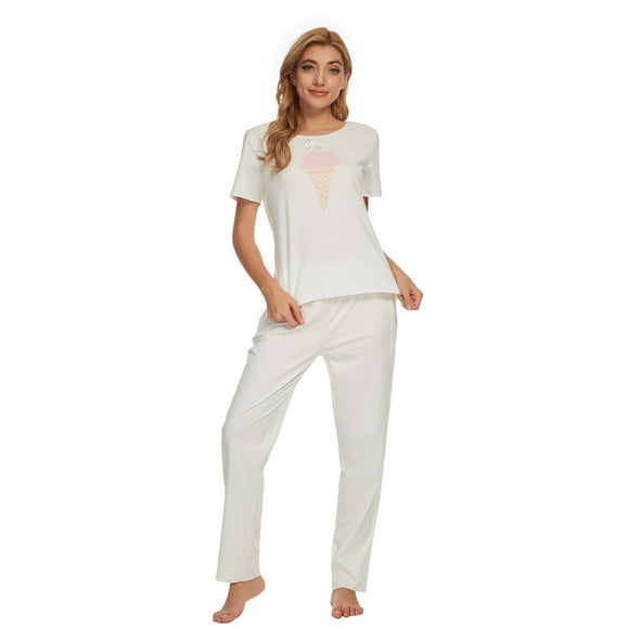 MintLimit Women Pajamas Set Ladies Pajamas Pjs Short Sleeve Top and Pants Sleepwear Lady Jogging Style Nightwear Soft Lounge Sets White L