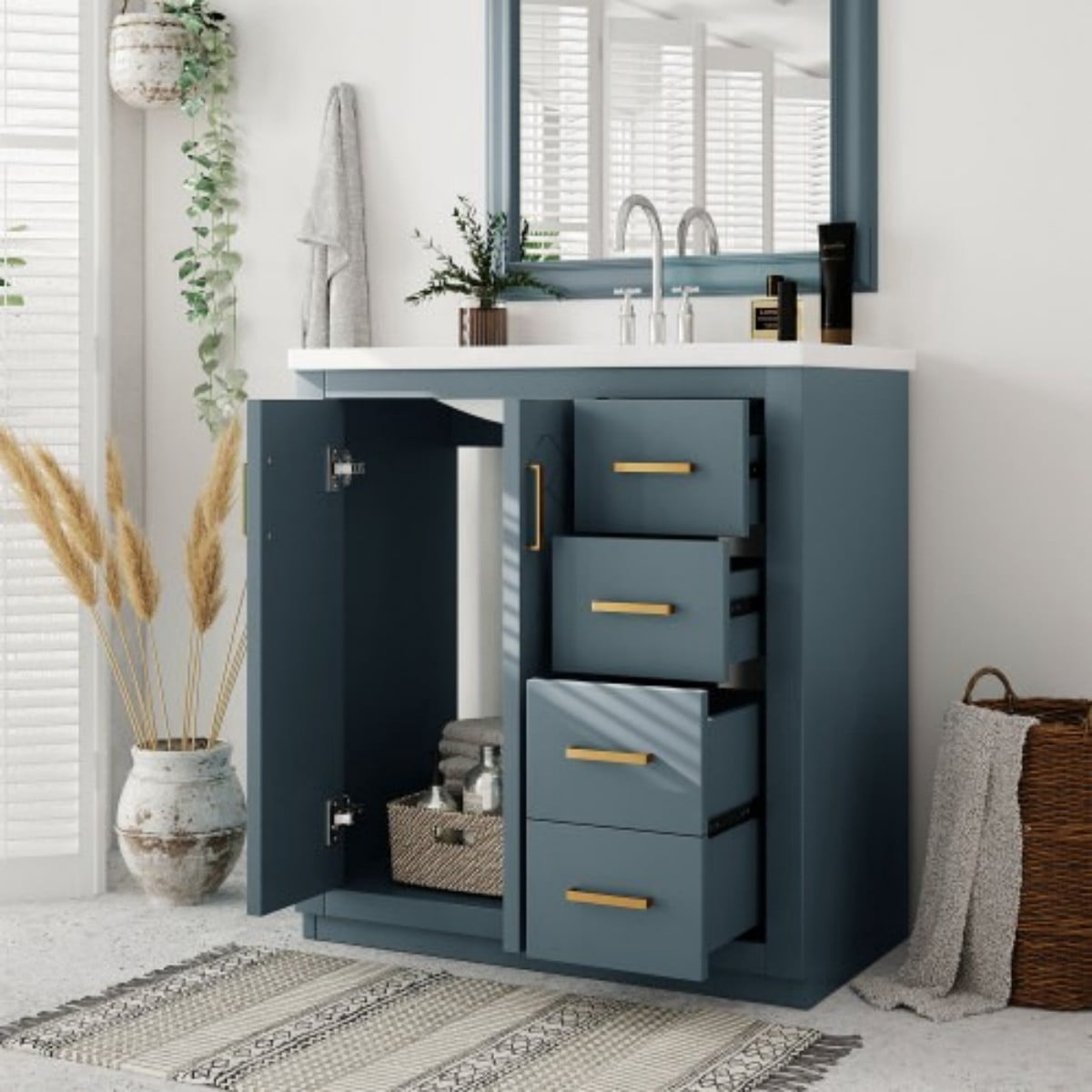 30" Bathroom Vanity with Ceramic Sink Combo, Freestanding Bathroom Vanity Cabinet with 3 Drawers, Solid Wood Frame, Retro Style, Blue