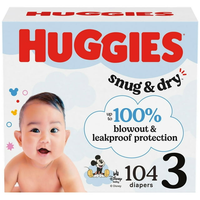 Huggies Snug & Dry Baby Diapers Size 3 (16-28 lbs), 104 Count box with Disney baby Mickey Mouse design, featuring up to 100% blowout and leakproof protection, CloudSoft absorbent layers, curved stretchy fit, and wetness indicator for sensitive skin.
