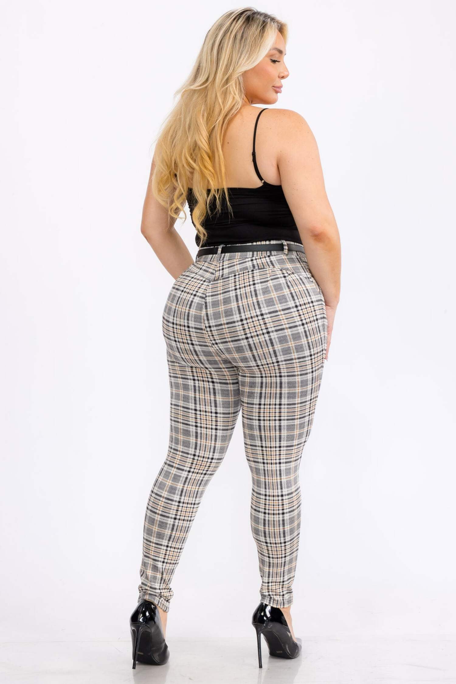 Plus Size Sculpting Treggings with Faux Leather Belt - Black, Brown Plaid