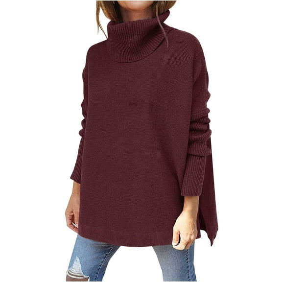 Hfyihgf Women's Turtleneck Oversized Sweaters Fall Winter Long Batwing Sleeve Spilt Hem Tunic Pullover Lightweight Knit Tunic Sweater Tops Wine M