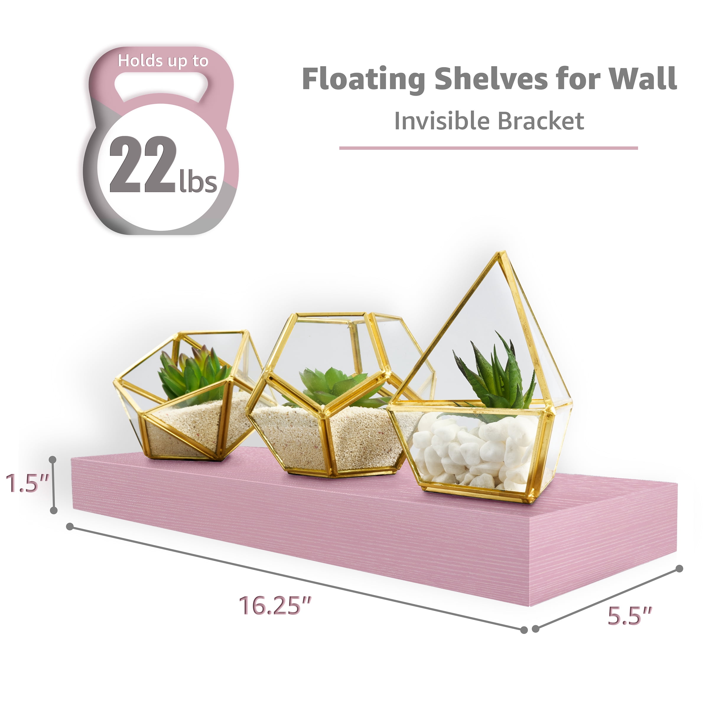 Sorbus 16.25" Floating Wall Shelves, 2 Pack, Soft Pink, Invisible Brackets, Home Decor
