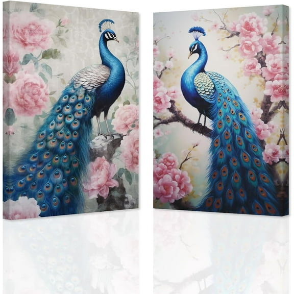 ZHONGYUTONG Peacock Wall Art Set of 2 Blue Peacock Pictures Wall Decor Elegant Peacock Painting Beautiful Animal Poster Canvas Prints Home Decor Frame (11"x14"x2PCS)