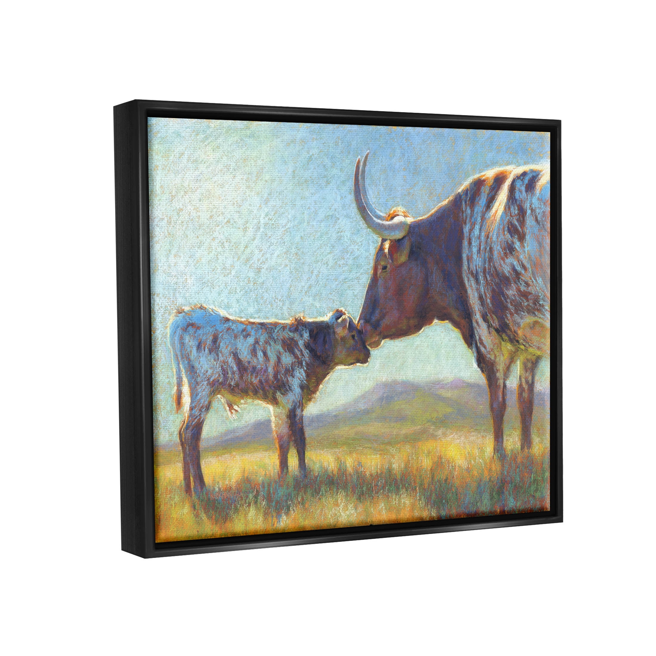 Mother Cattle Calf Sunlit Farm Animals & Insects Painting Jet Black Framed Art Print Wall Art