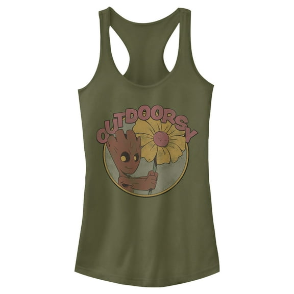 Junior's Marvel Guardians of the Galaxy Outdoorsy Groot  Racerback Tank Top Military Green X Large