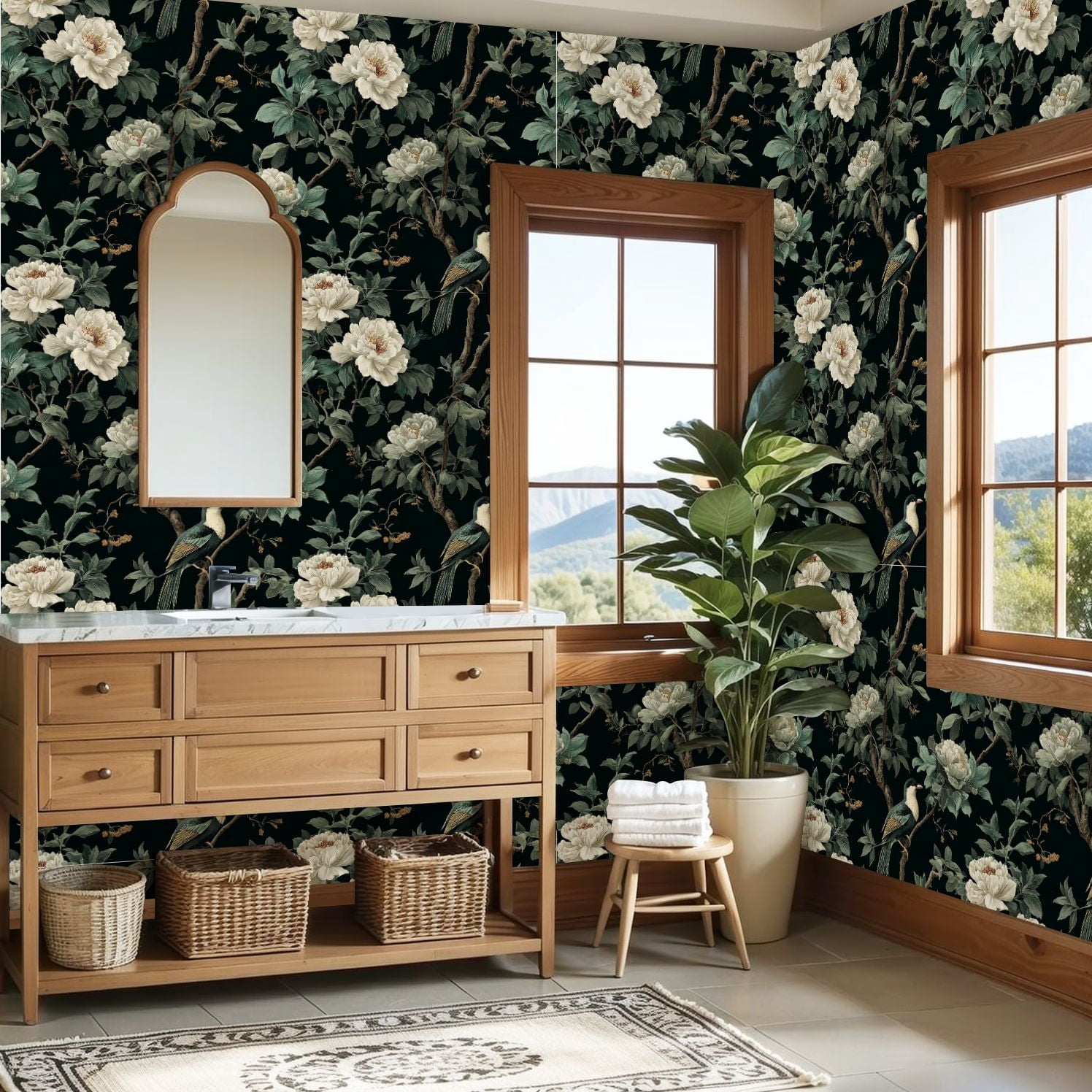 Peel and Stick Wallpaper Vintage Botanical White Peonies Birds Dark Green Wall Mural 23.6in x 9.8ft Self Adhesive Removable Wall Paper Renter Friendly Wallpaper for Girls Women Bedroom Livingroom