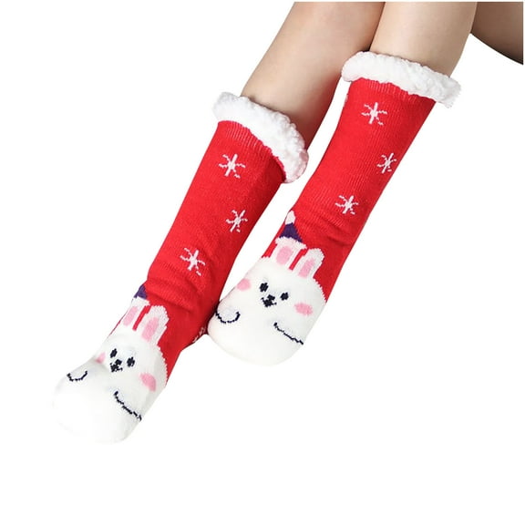 Lovskoo Women's Girls Winter Christmas Coral Velvet Socks Solid Thicken Warm Non-Slip Combed Tube Socks Floor Mid-Calf Socks Red