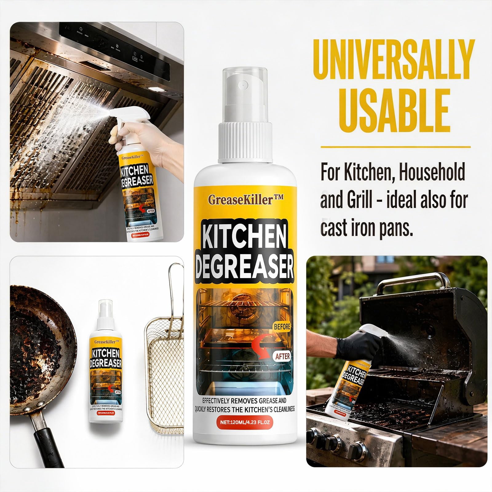 GreaseKiller BBQ Grill Cleaner Spray, Heavy Duty Degreaser for Grills & Smokers, Fast-Acting Grease Removal, Easy Spray Application(1PC)