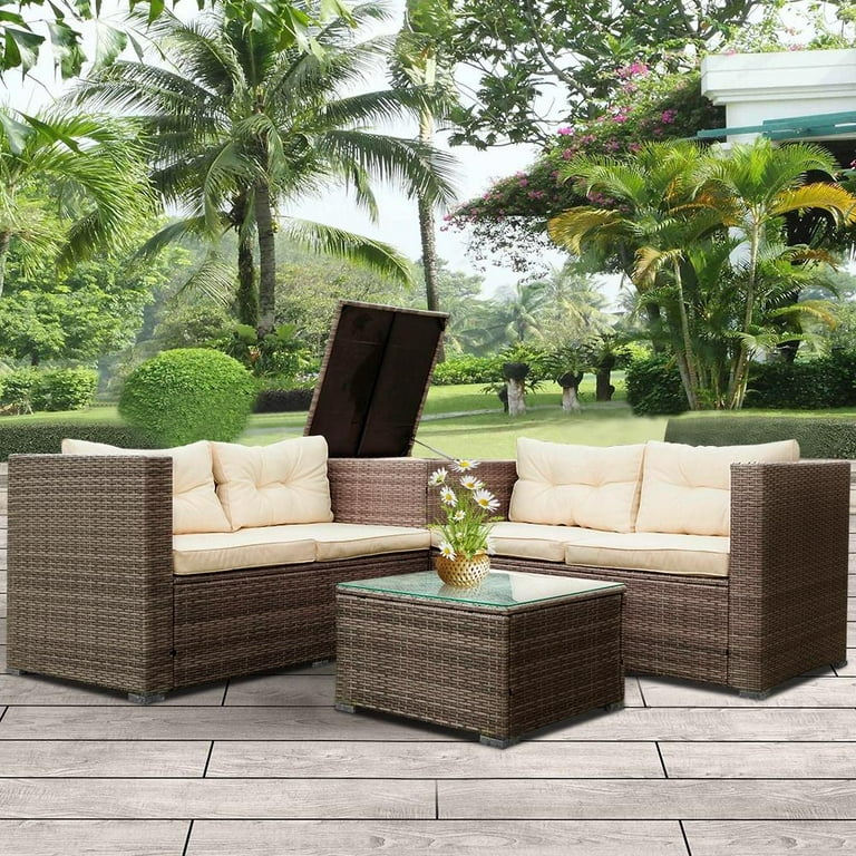Rattan Patio Sofa Set 4 Pieces Outdoor Sectional Furniture Set
