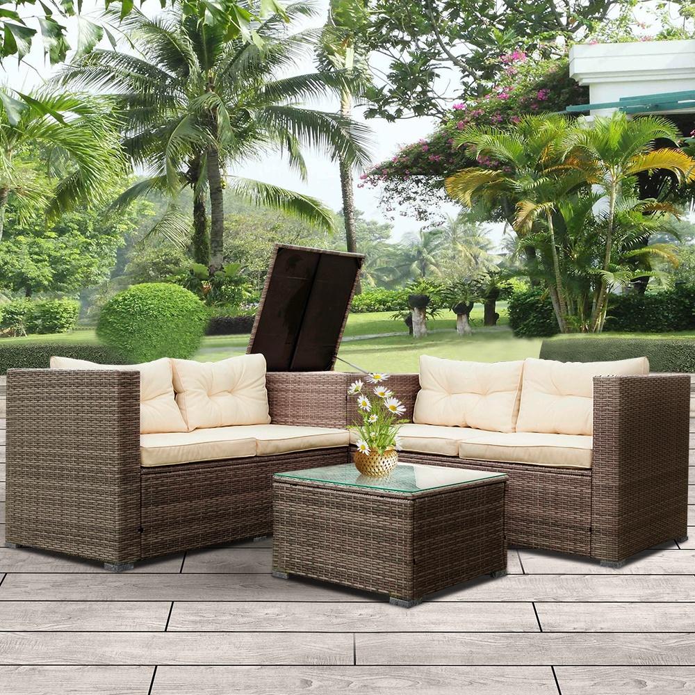 Rattan Patio Sofa Set, 4 Pieces Outdoor Sectional Furniture, All-Weather PE Rattan Wicker Patio Conversation, Cushioned Sofa Set with Glass Table & Storage Box for Patio Garden Poolside Deck - image 3 of 10