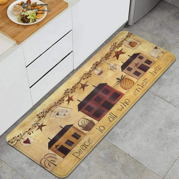 omezin Kitchen Rug,Autumn Fall Country Barn Stars House Rustic Berry and Patriotic Star Thanksgiving,Non-Slip Kitchen Mat Rubber Backing Doormat Runner Rug Set and Bedroom Laundry Room Rugs