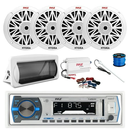 Pyle PLMRB29W Marine Single DIN Bluetooth MP3 Stereo Receiver, Slide-Up Cover, 4-Channel Amplifier w/Kit, 4x 6.5" 200 Watt Peak Full Range 2-Way Waterproof Speakers w/Wire, Long Range Radio Antenna