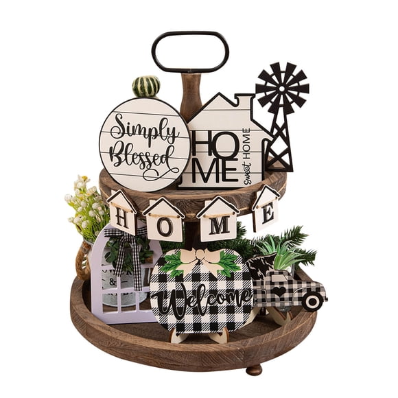 1 Set Of Farmhouse Tiered Tray Set Home Family Tiered With Wooden Beads Signs Farmhouse Tray Sets For Kitchen Home Table Mini Holiday Party Supplies
