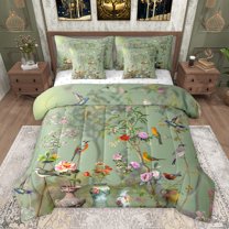 Feelyou 3D Hummingbird Teens Twin Bedding Sets 7-Piece, Chinese Peony Blossoms Bedding Comforter Set, Vintage Flower Floral Reversible Sheet Sets, Lightweight Room Decor