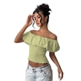thumbnail image 4 of Women'S Off the Shoulder Blouse Ruffle Short Sleeve Smocked Going Out Crop Tops Green L, 4 of 9