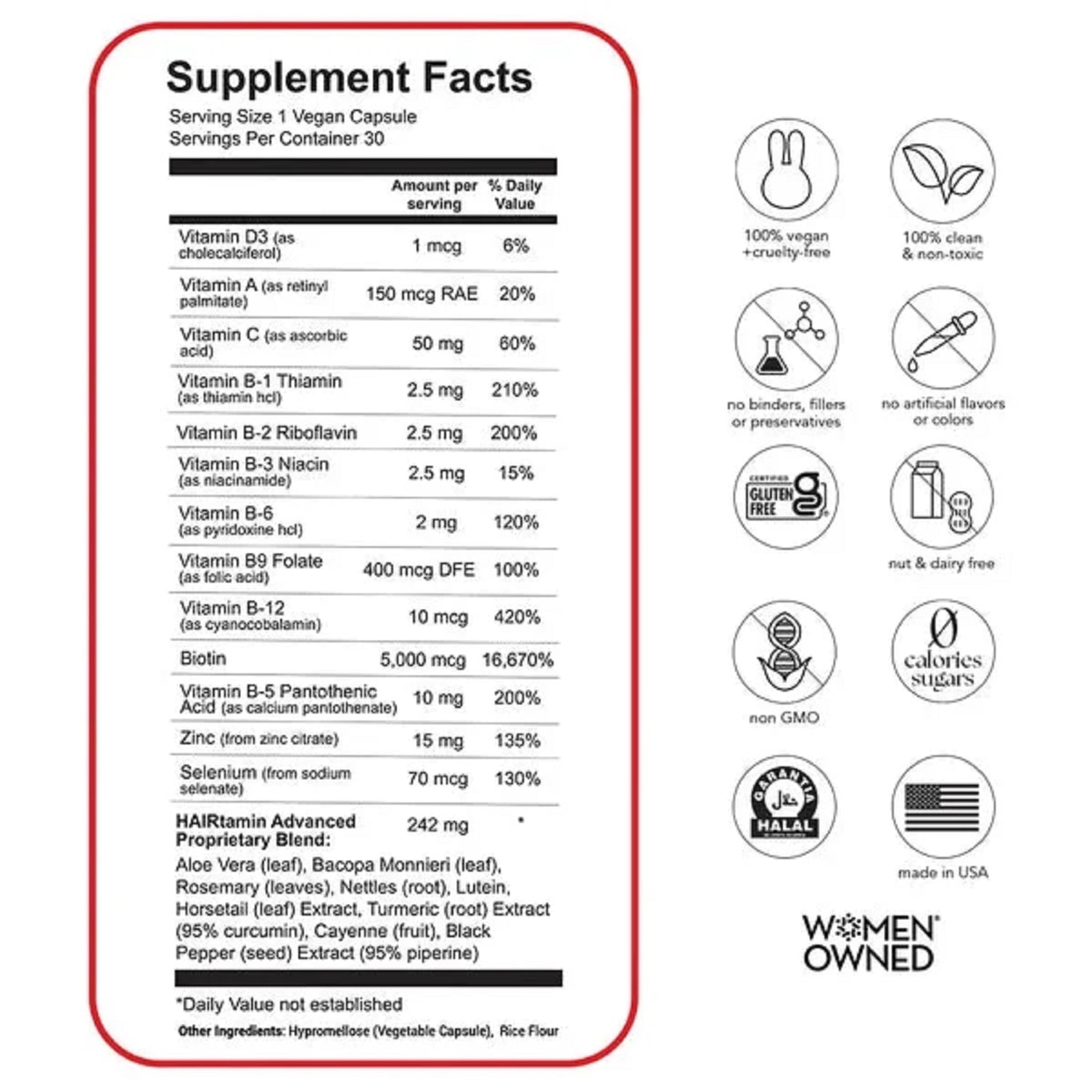 HAIRtamin Advanced Formula Biotin Vegan Capsules with Detangling Comb for Hair Growth, 30 Count