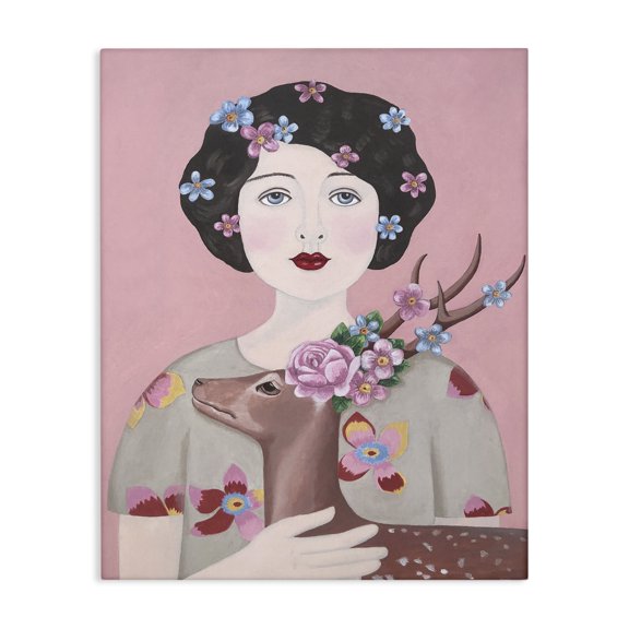 Stupell Industries Eclectic Woman And Deer Pink Animal Canvas Art, 16 x 20, by Sally B