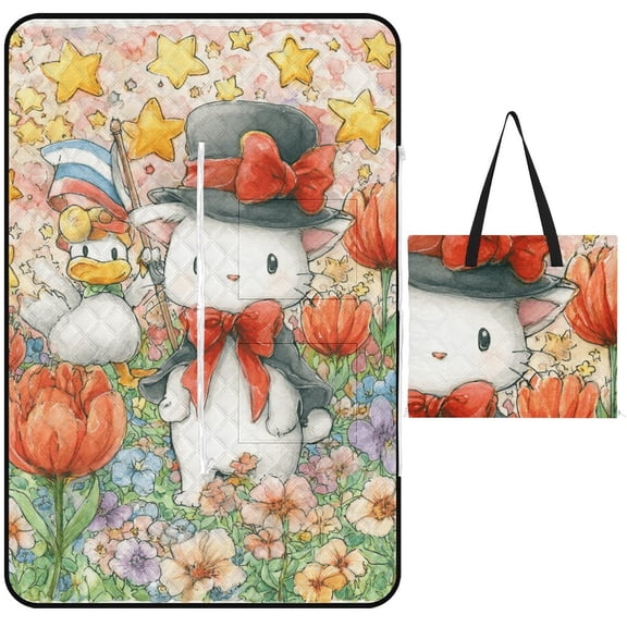 Cute Cat Duck Floral Wonderland Waterproof Picnic Blanket with Foldable Zipper, Suitable for Outdoor Use, Suitable for Travel, Camping, Beaches, Parks, Grasslands, Picnic Blanket Accessories