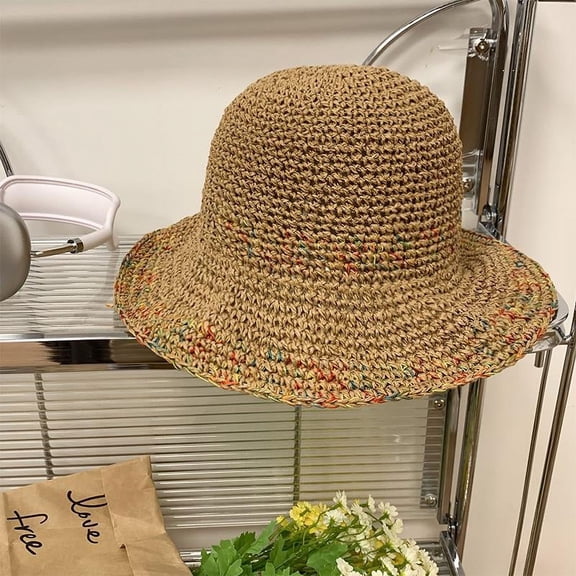 SikaFu Grass Hat Women's Summer Beach Tourism Sun Hat Holiday Style Big Brimmed Straw Woven Fisherman Hat Breathable Sun Hat