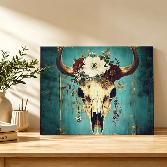 Longhorn Skull Canvas Wall Art, Vintage White Rose Golden Filigree Teal Backdrop Wall Art Prints Artwork Framed Canvas Ready to Hang Art Pictures for Bathroom, Dressing Table, Entryway 12" x 8"