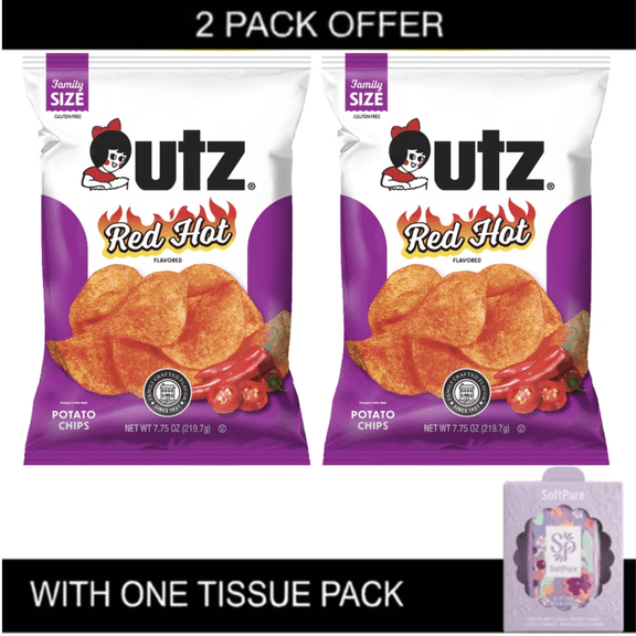 2X Utz Red Hot Potato Chips, Gluten-Free, Family Size, 7.75 oz Bag with tissue pack