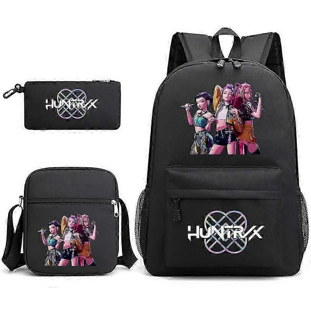 3pcs K-pop Demon Hunters School Backpack Schoolbag Cartoon Print Backpack Lunch Bag Pencil Case Set For Students Black
