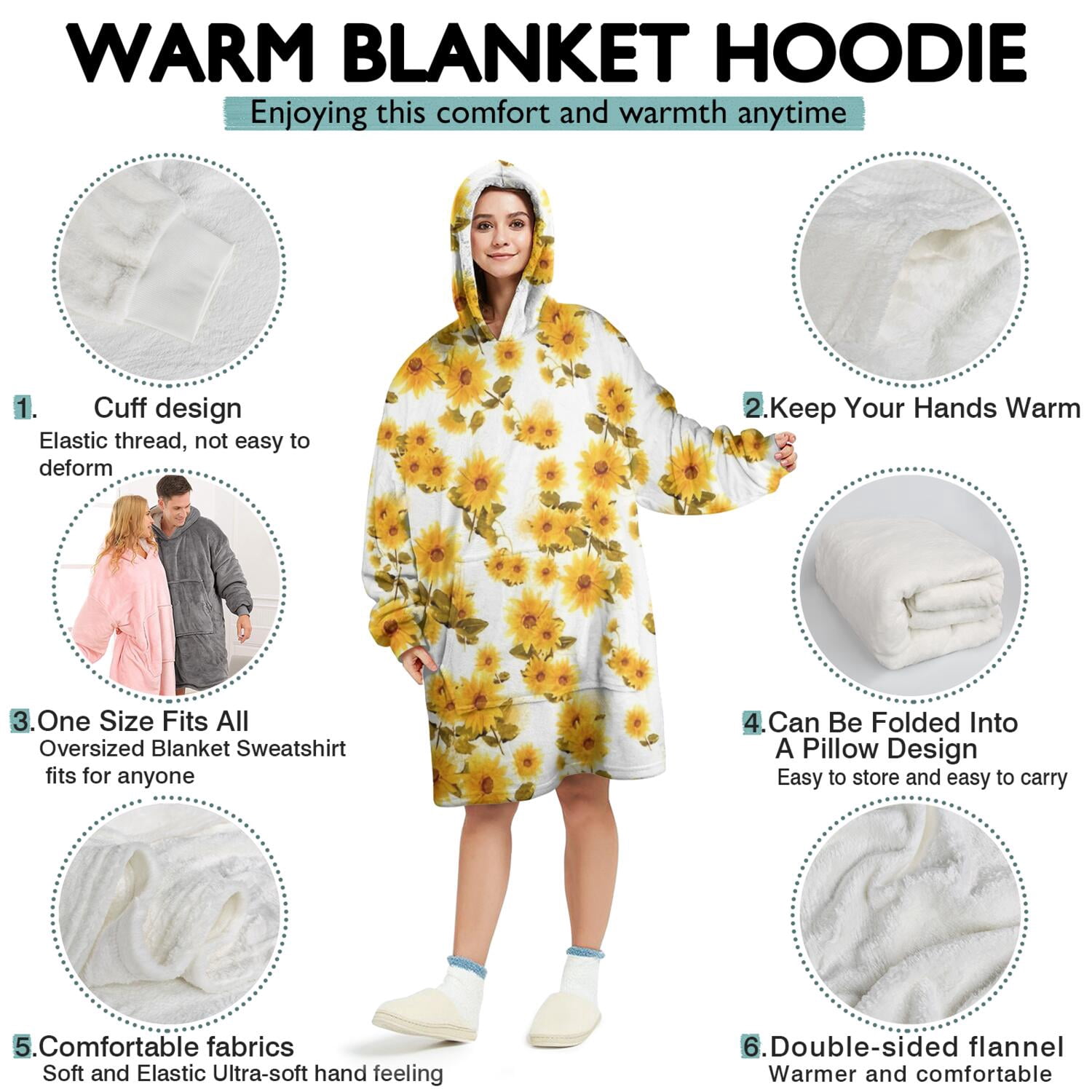 White Yellow Sunflower Pattern Wearable Oversized Blanket,Wearable Blanket Hoodie for Adults,Cozy Hooded Blankets with Super Pockets,Super Warm Fuzzy Pullover for Women & Men