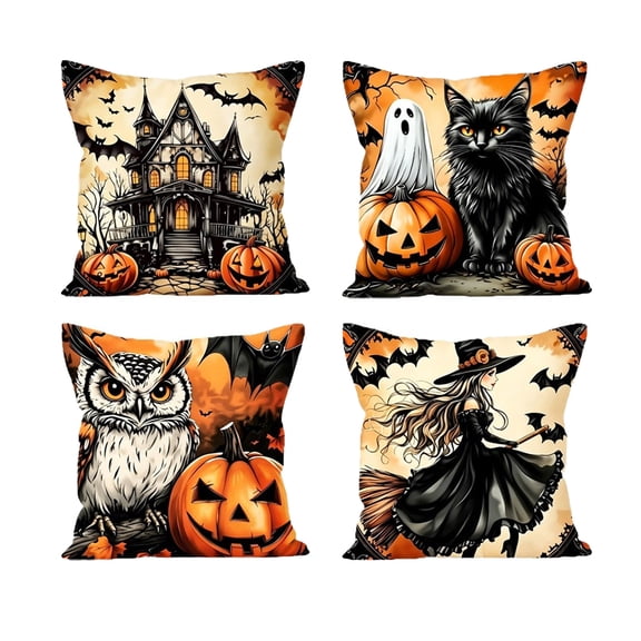 Qocolcyl Halloween Aesthetic Retro Witch Throw Pillow Covers 18x18, Scary Pumpkin Cat Pillow Cases Kit with Zipper, Gothic Haunted House Bat Owl Velvet Decor for Couch Sofa Living Room Bed