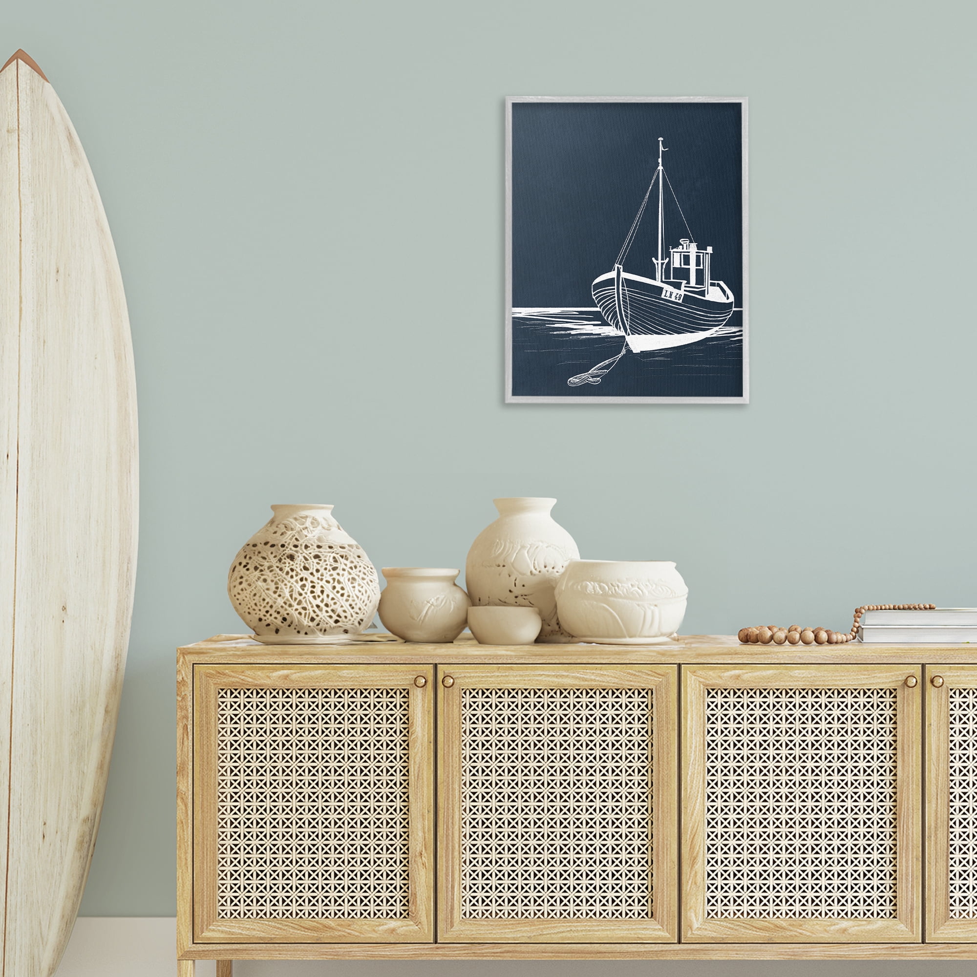 Stupell Industries White Outline Sailboat Transportation Painting Gray Framed Art Print Wall Art, 24 x 30