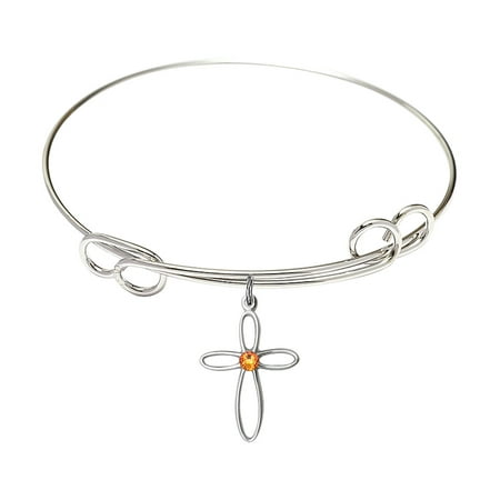 - 7 1/2 inch Round Double Loop Bangle Bracelet w/ Loop Cross medal charm w/ November Yellow Swarovski Crystal