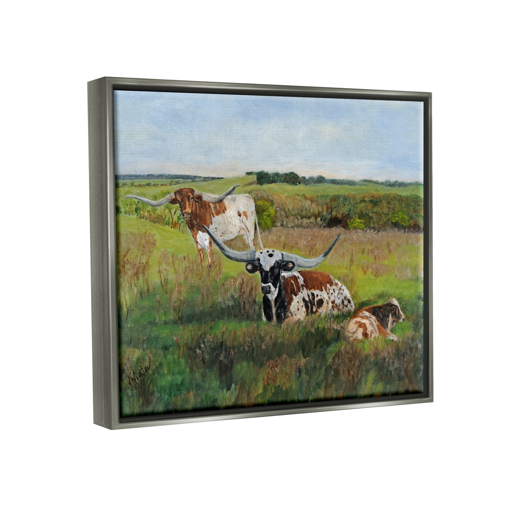 Stupell Country Pasture Longhorn Cattle Animals & Insects Painting Gray Floater Framed Art Print Wall Art
