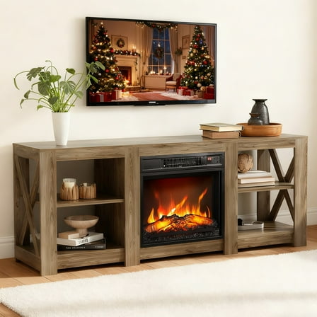 Ktaxon Mid-Century Fireplace TV Stand, Modern 58" Entertainment Center for 55/60/65" TVs with Adjustable Open Storage, Oak Gray