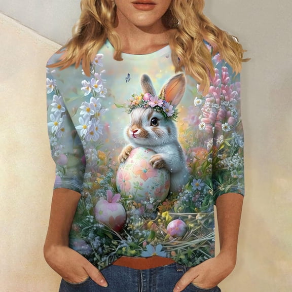 Plus Size Women's Easter Graphic Print 3/4 Sleeve Round Neck Loose T-Shirt For Spring Holiday Casual Wear