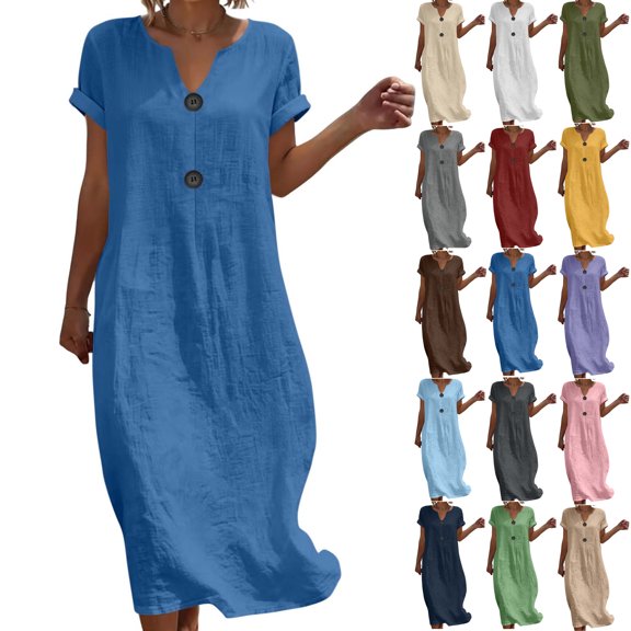 Summer Dresses for Women 2026 Notch V Neck Rolled Short Sleeve Loose Straight Casual Maxi Dress With Decorative Buttons for Daily Beach
