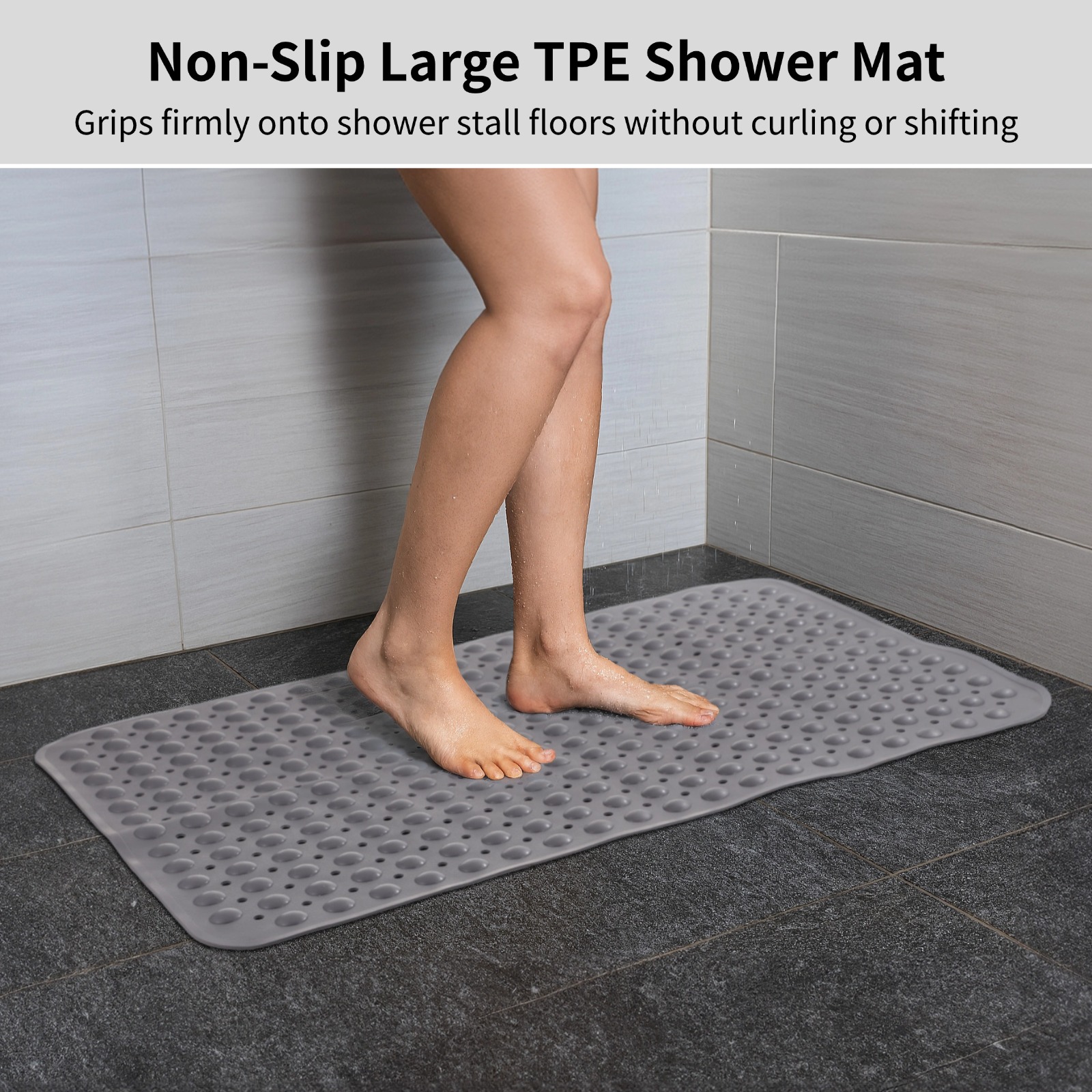 Extra Large Non-Slip Shower Mat – 35.4" x 23.6" TPE Bath Mat with Drain Holes & Suction Cups, Anti-Slip Safety Mat for Walk-In Showers, Elderly, Pregnant Women & Kids, Quick-Drying Design