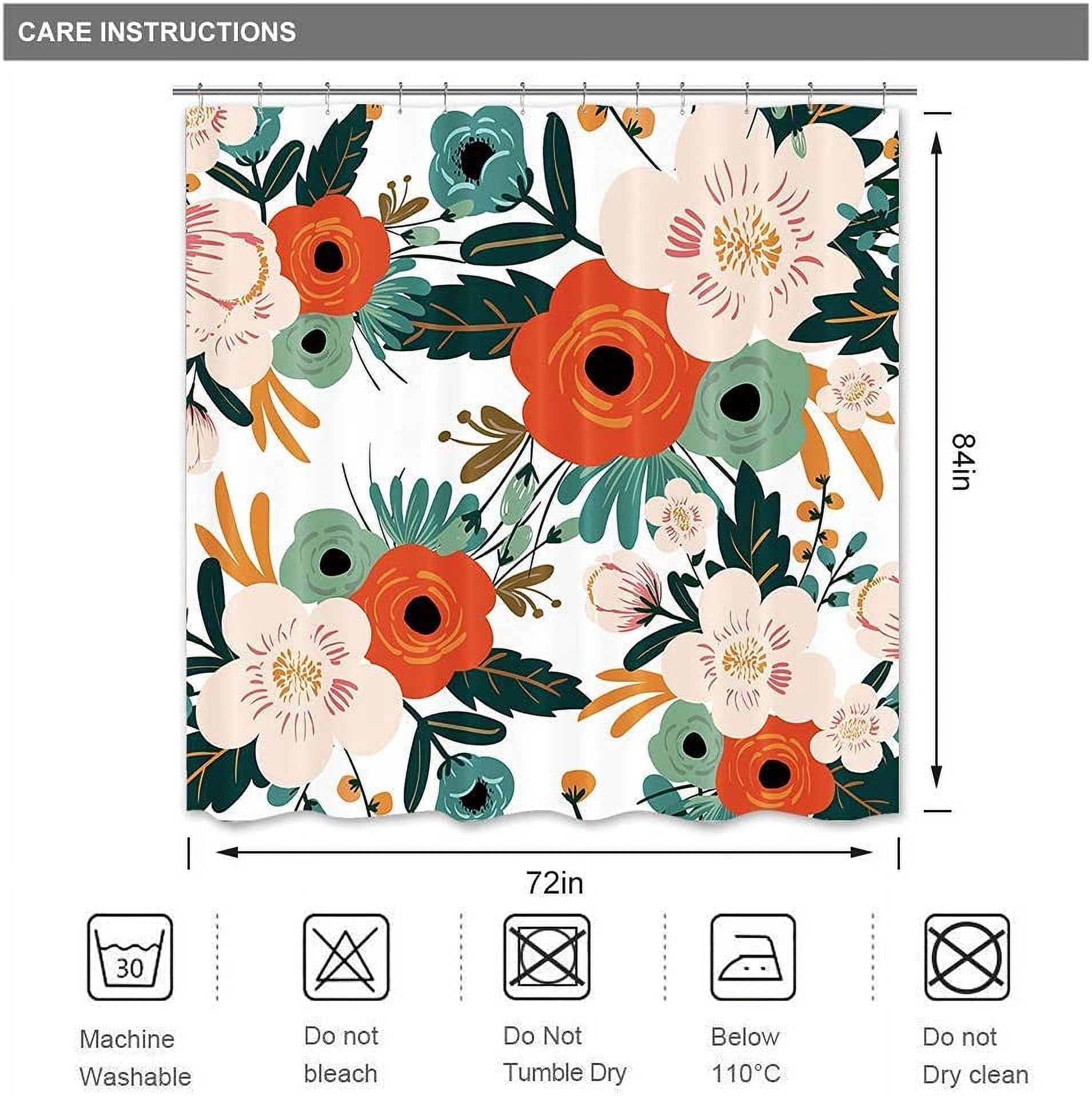 Extra Long Spring Flower Fabric Shower Curtain 72Wx84H Inch Watercolor Floral Green Leaves Orange Bathroom Decor Polyester Waterproof 12 Pack Plastic Shower Hooks WW-YHX9