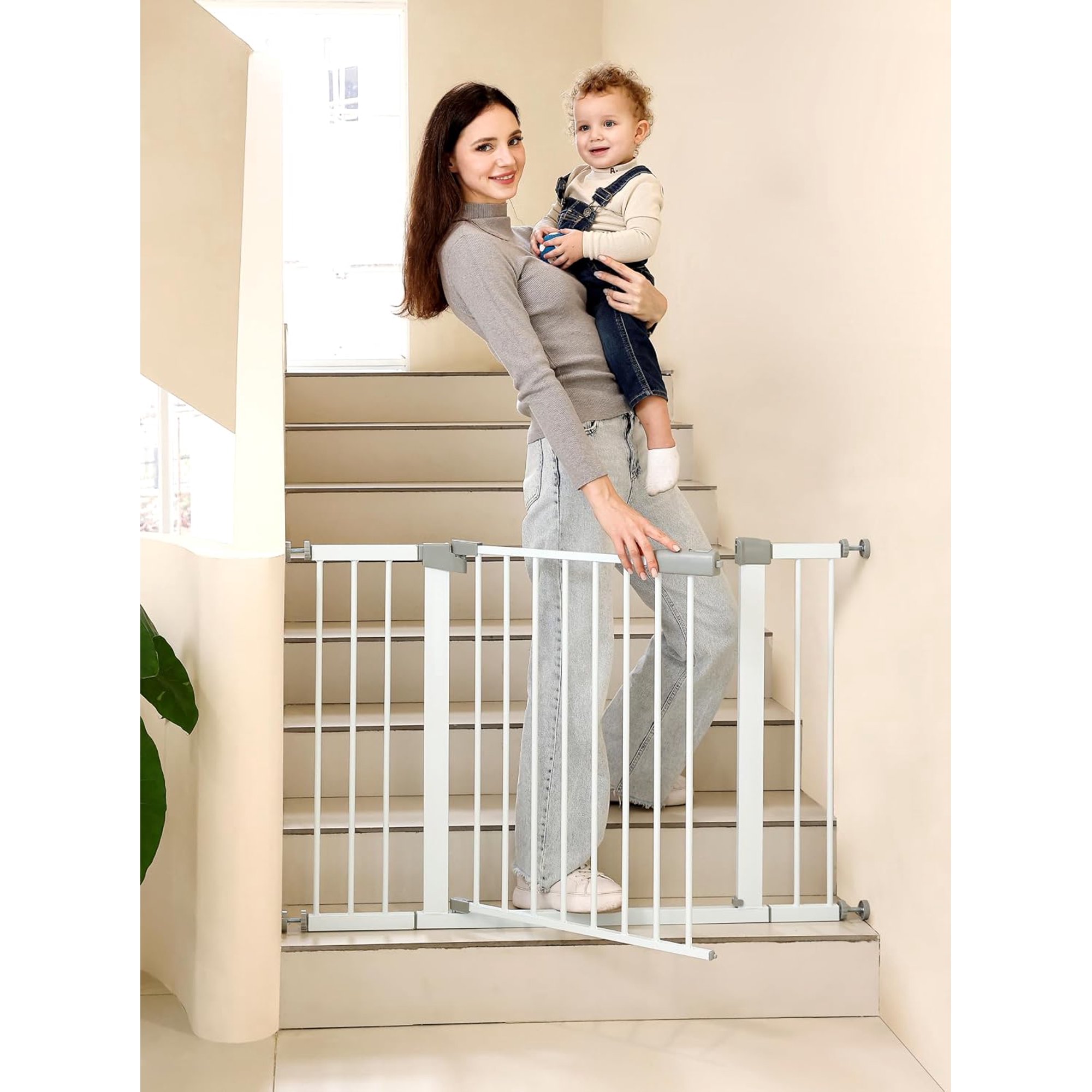 44.72"-46.89" Safety Gate, 30" Tall Metal Walk-Thru Gate for Doorways & Stairs, Easy One-Hand Open, Dual Lock, Extensions & Wall Mounts Included