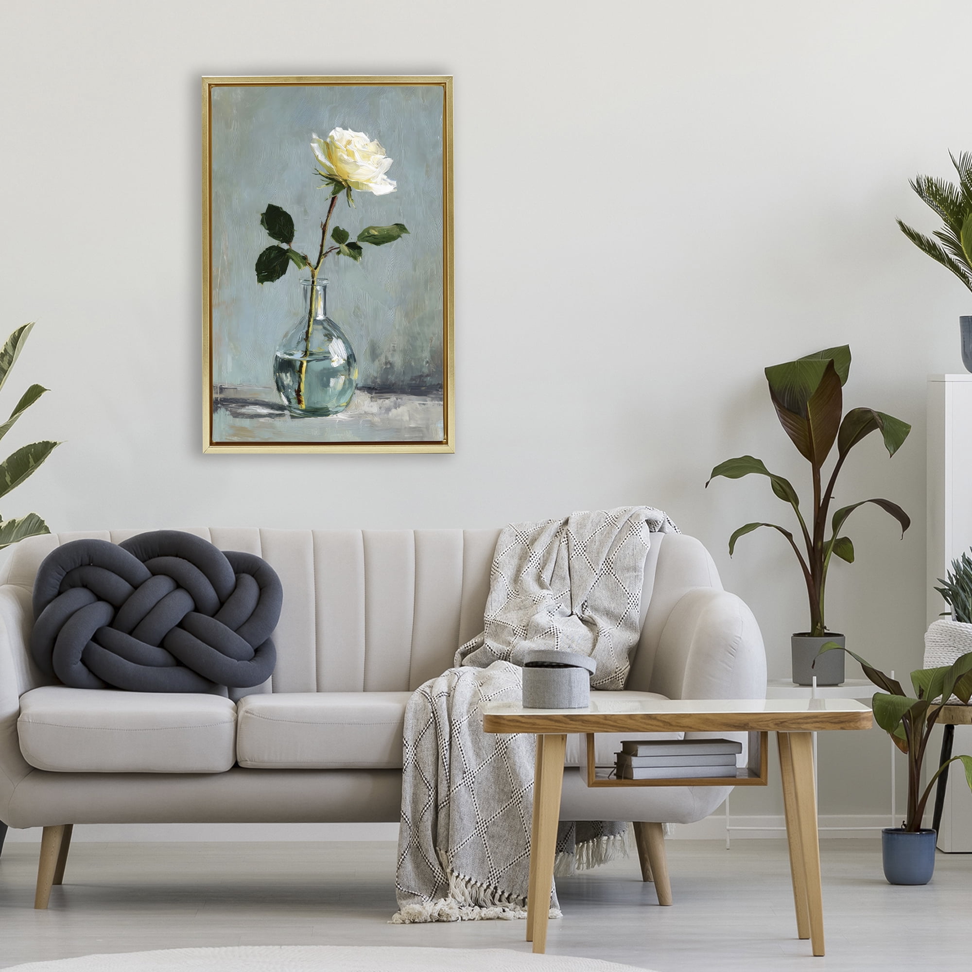 Stupell Industries Sweet White Rose in Vase Gold Framed Floater Canvas Wall Art, design by Petal Prints Design