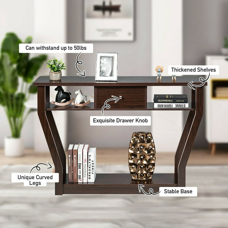 Costway Entryway Table with Charging Station Narrow Console Table with 2  Drawers Brown