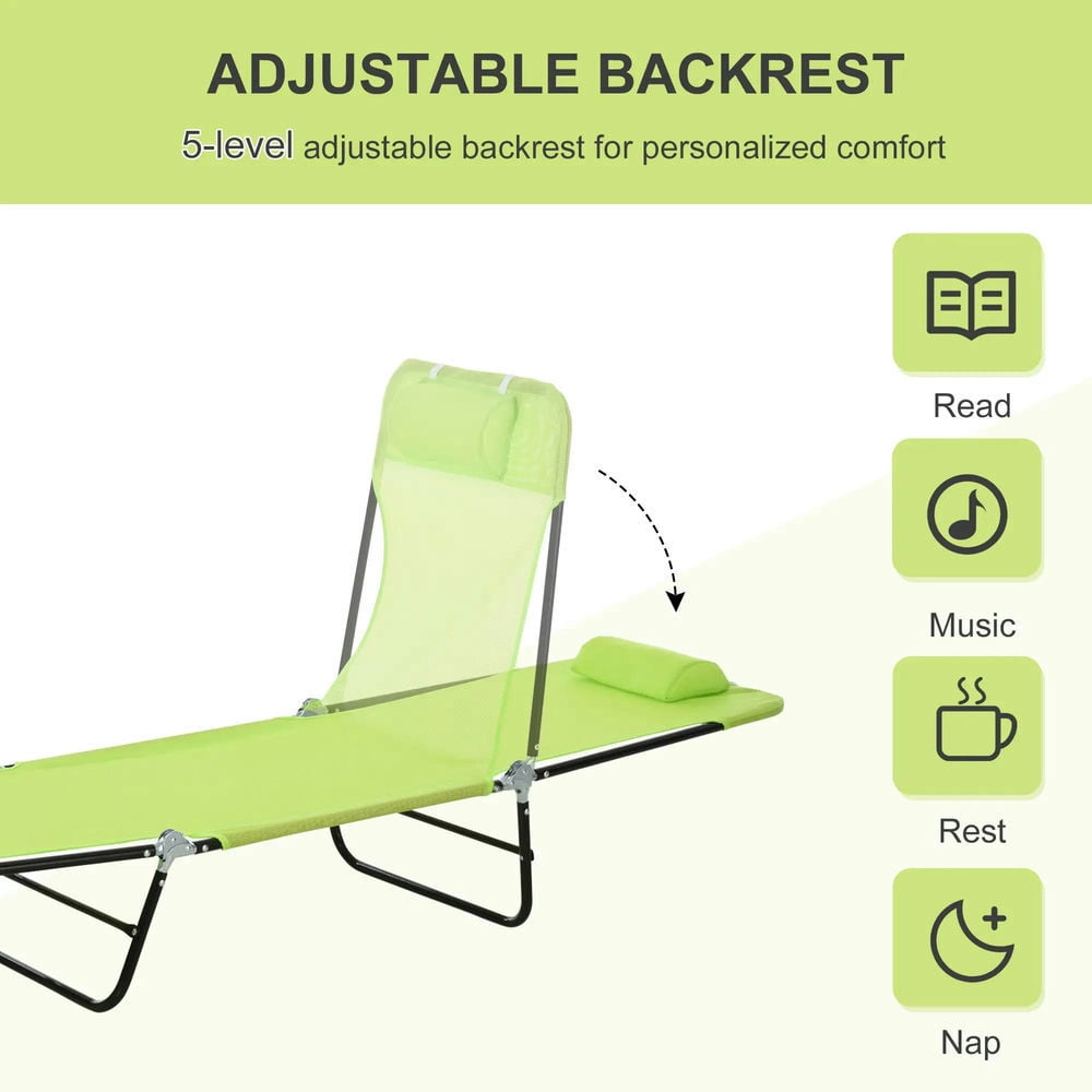 Topcobe Compact Beach Lounger, Reclining Patio Chair, Mesh Sunbathing Seat with Headrest, Outdoor Relaxation for Yard, Poolside, Green