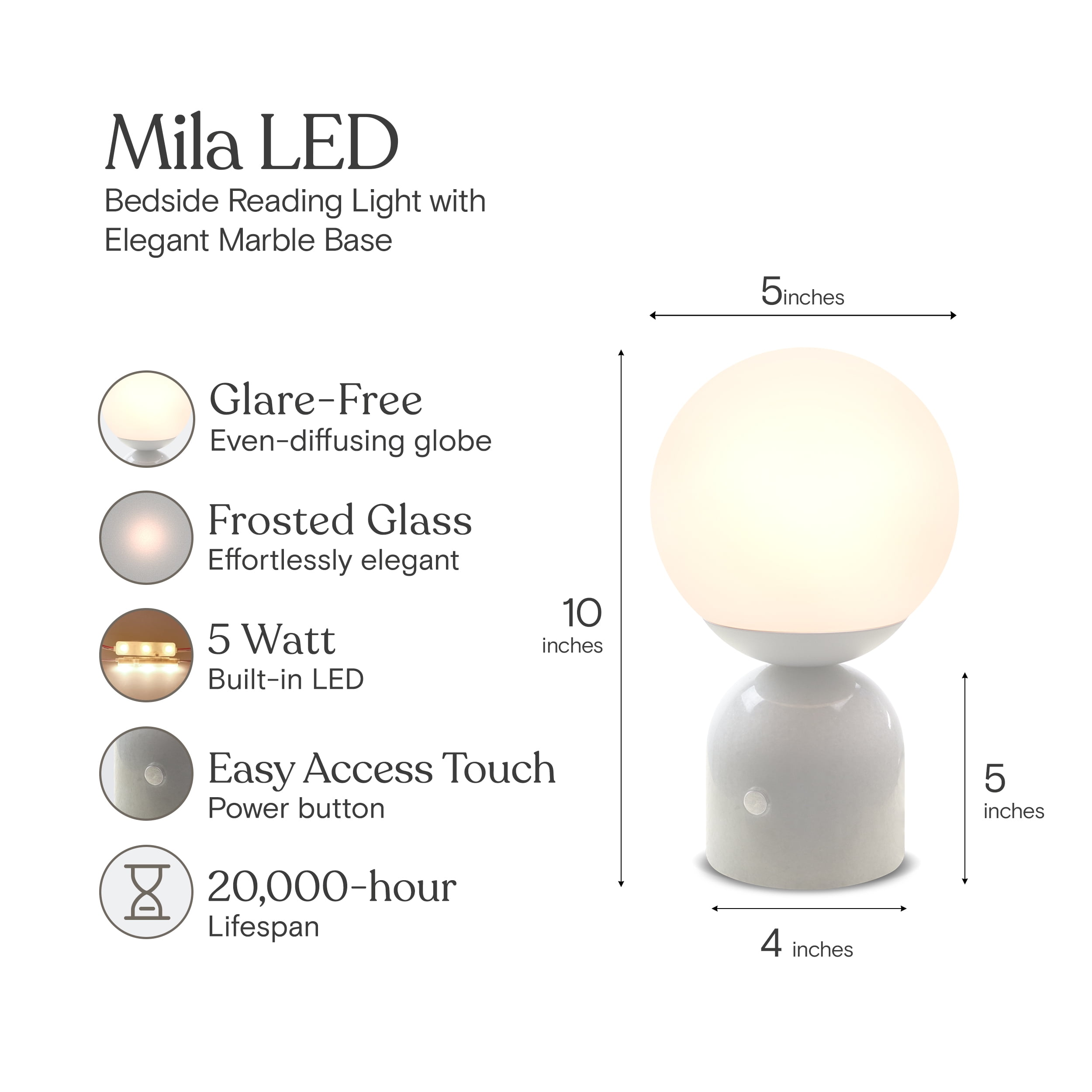 Brightech Mila LED Table Lamp - Bedside Reading Light with Elegant Marble Base, Modern Desk Lamp, Nightstand Lamp with Ambient Lighting - Modern Globe Lamp Shade - White