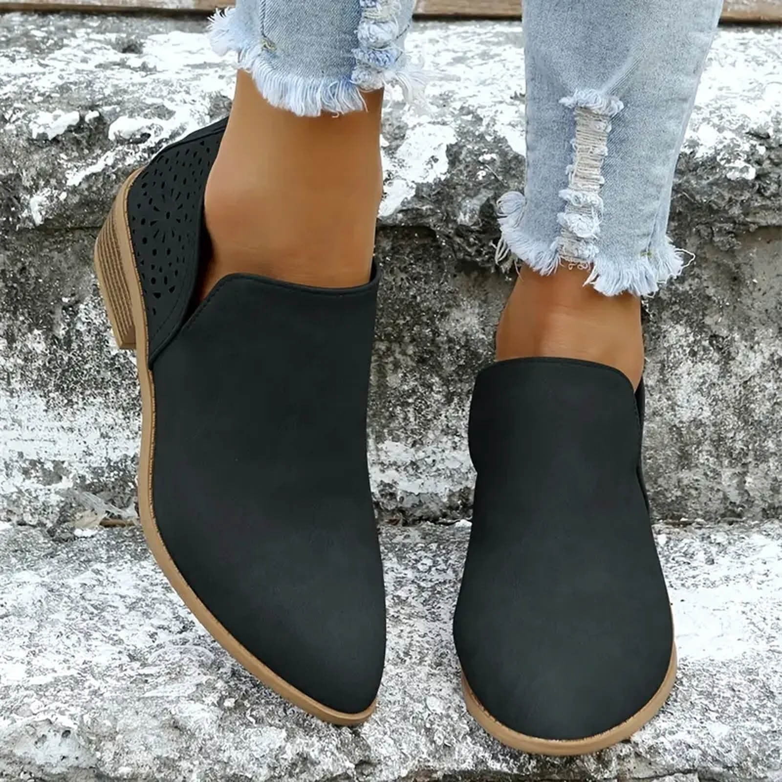 Dakaela Ankle Boots for Women Casual Slip on Loafers Chunky Low Heel Dress Shoes Cut out Work Booties