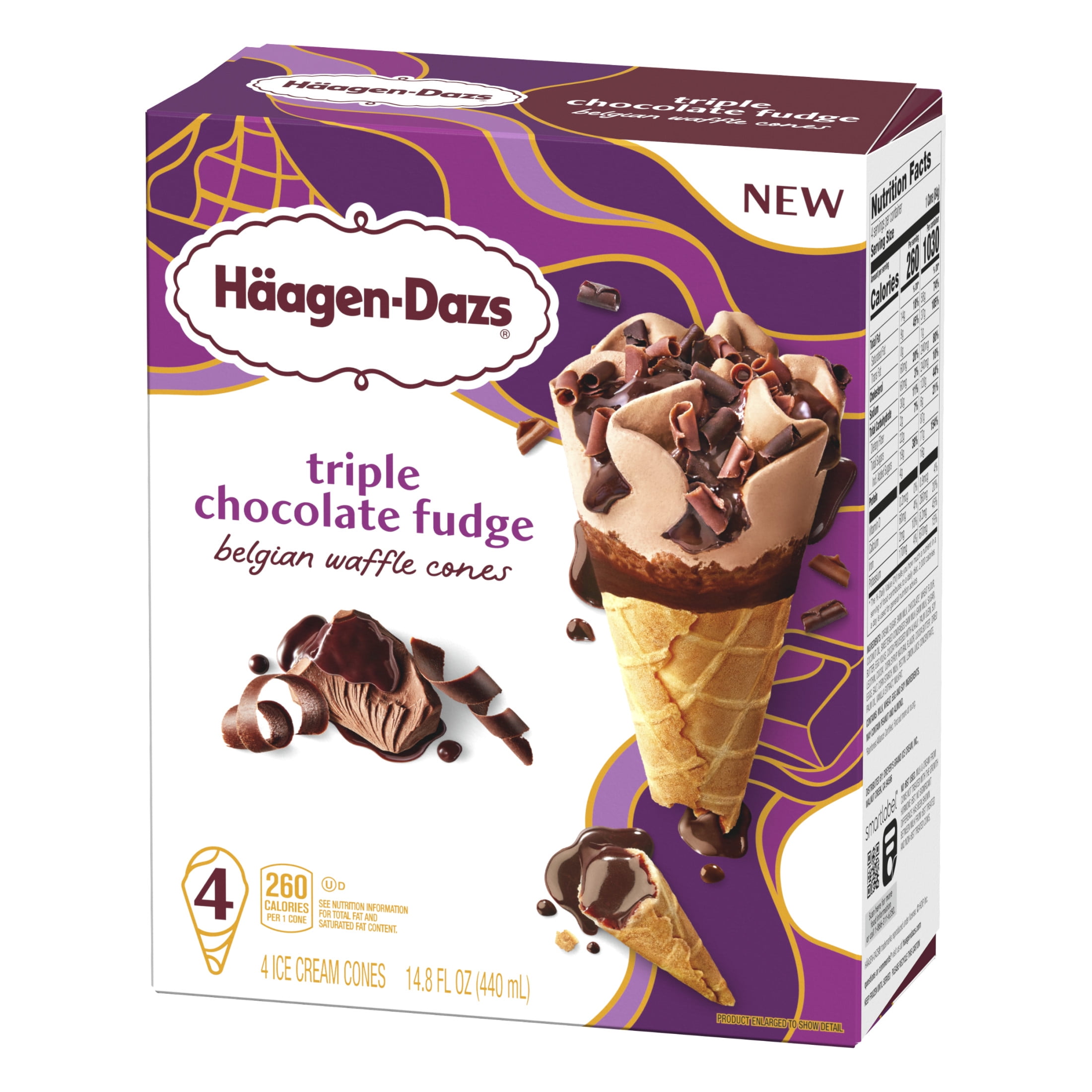 Haagen-Dazs Triple Chocolate Fudge Belgian Waffle Ice Cream Cone, 4 Count