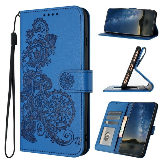 Wallet Case for iPhone X/XS, PU Leather Flip Protective Phone Case Wrist Strap Card Slots Holder Pocket Emboss Flower Stand Magnetic Book Case for iPhone X/XS - Darkblue