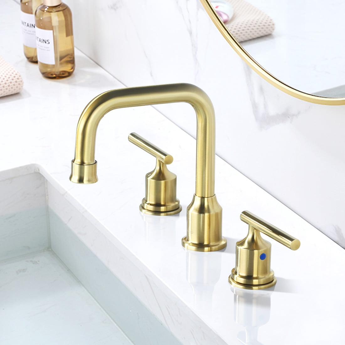 WOWOW Brushed Gold Bathroom Faucet Widespread 2 Handle Bathroom Sink Faucet