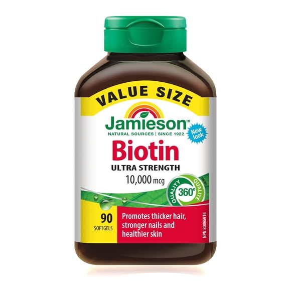 Jamieson Ultra Potency Biotin 10,000 mcg Softgels, Easy to Swallow, Supports Thicker Hair, Healthier Skin and Stronger Nails. Gluten-Free, No Artificial Flavours, Colours, or Preservatives, 90 Count