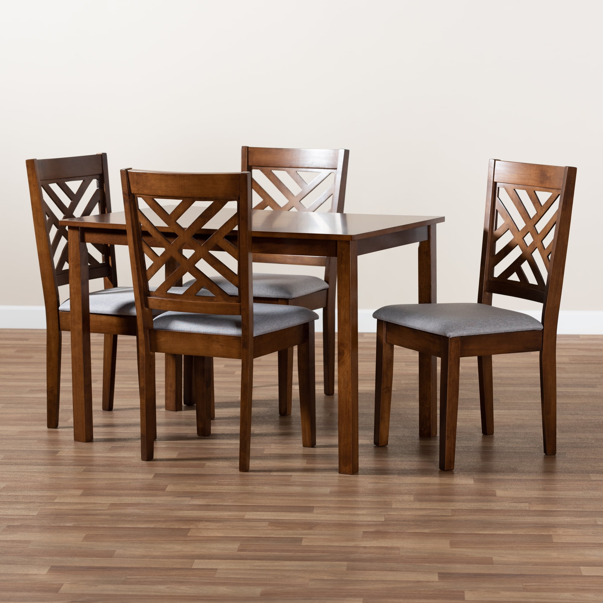 Baxton Studio Caron Modern and Contemporary Grey Fabric Upholstered Walnut Brown Finished Wood 5-Piece Dining Set
